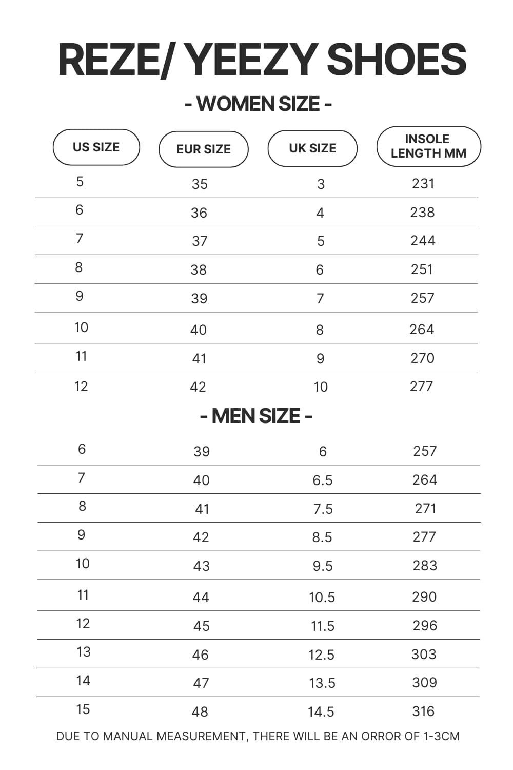 Reze Yeezy Shoes Size Chart 1 - Jujutsu Kaisen Store