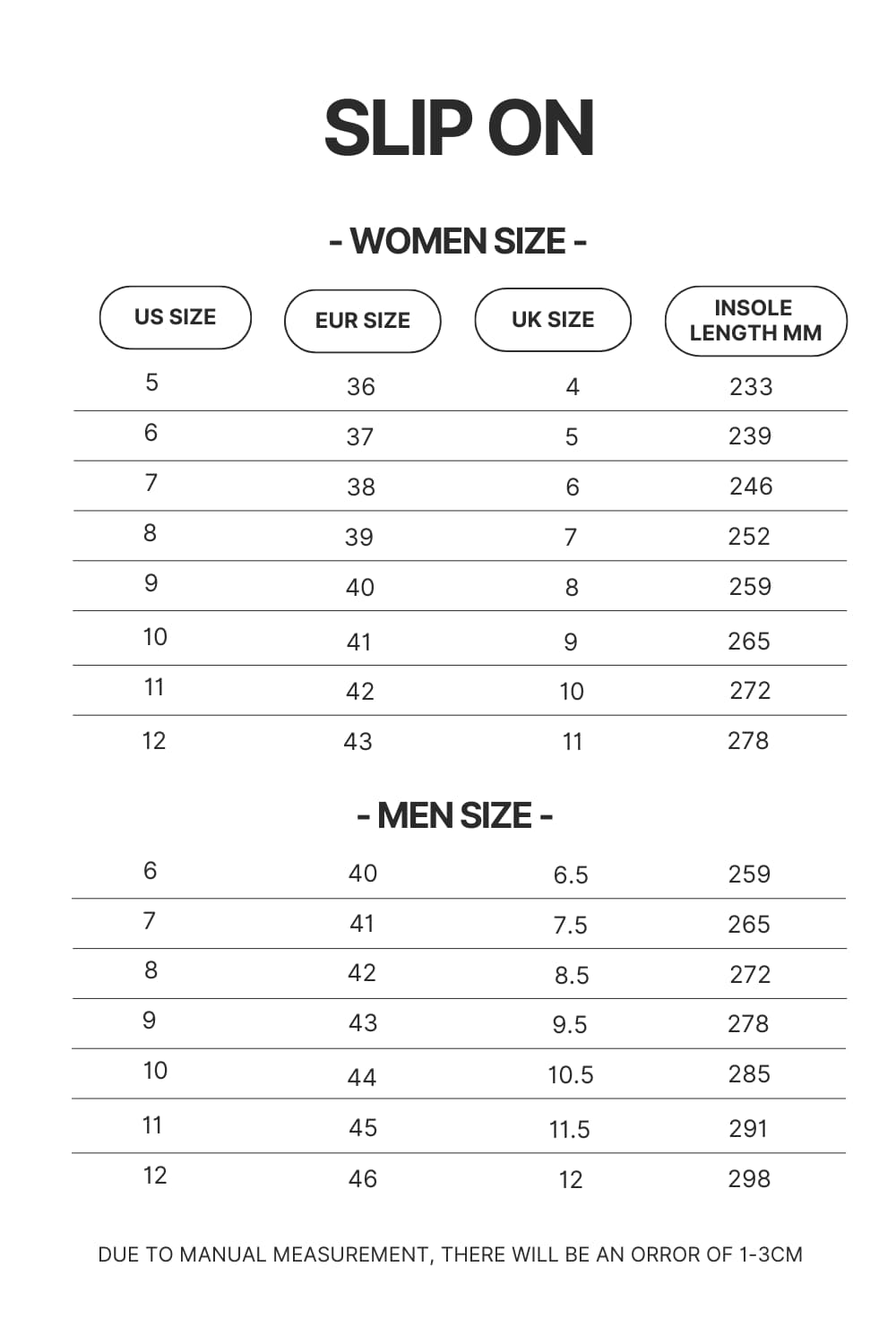 Slip On Size Chart 1 - Jujutsu Kaisen Store