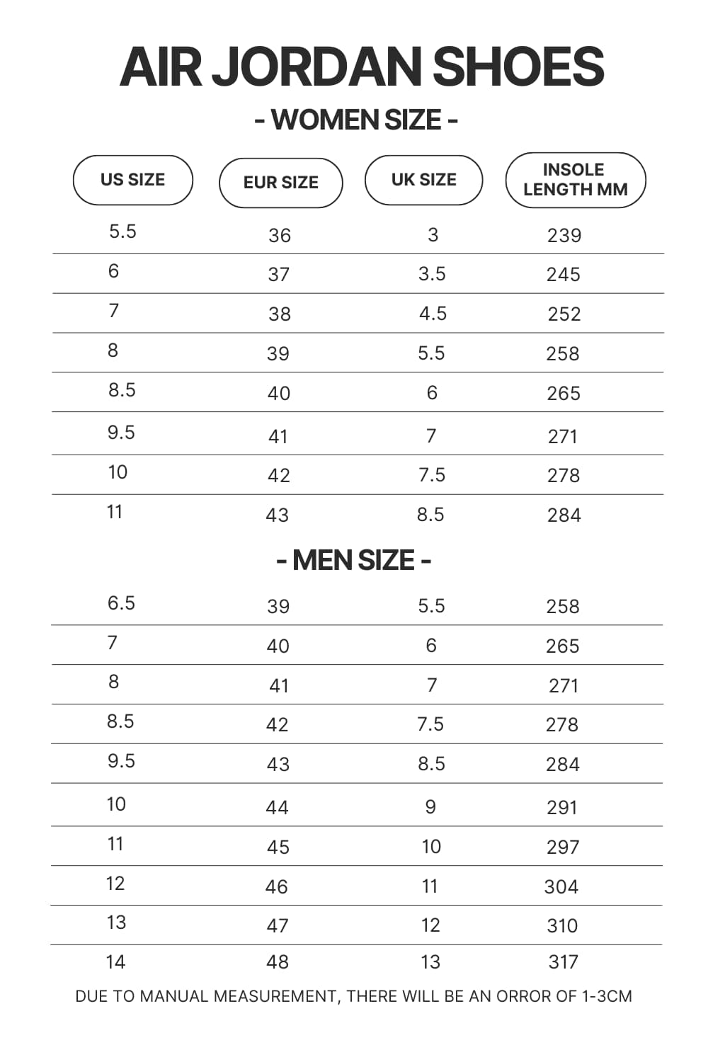 Air Jordan Shoes Size Chart - Jujutsu Kaisen Store