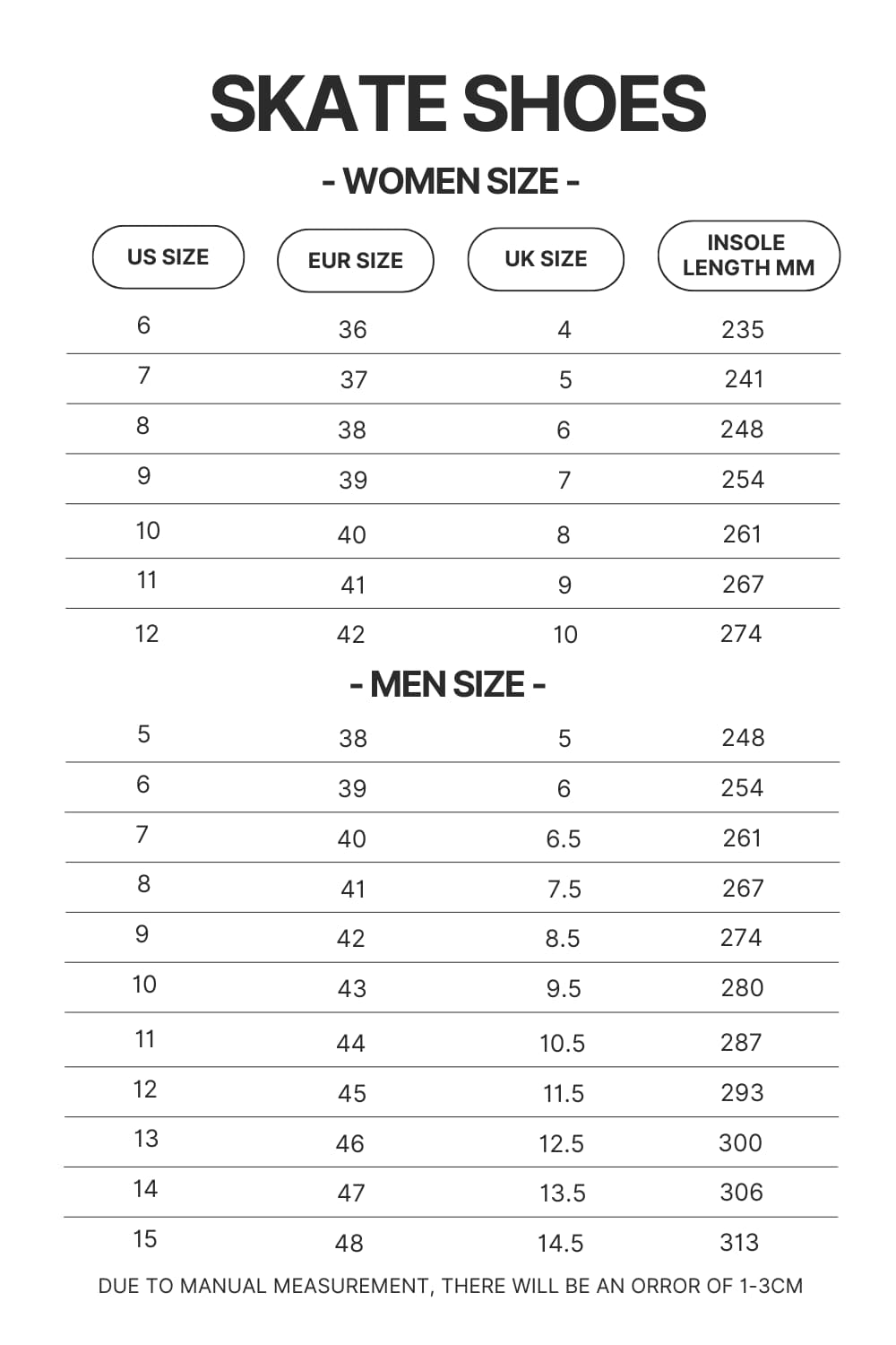 Skate Shoes Size Chart 1 - Jujutsu Kaisen Store