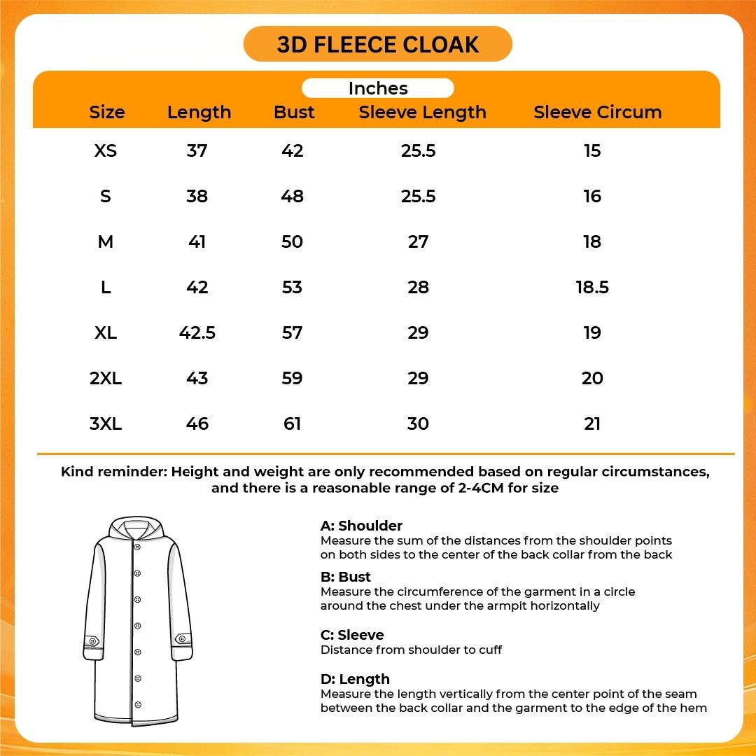 3D Fleece Cloak Size Chart - Jujutsu Kaisen Store
