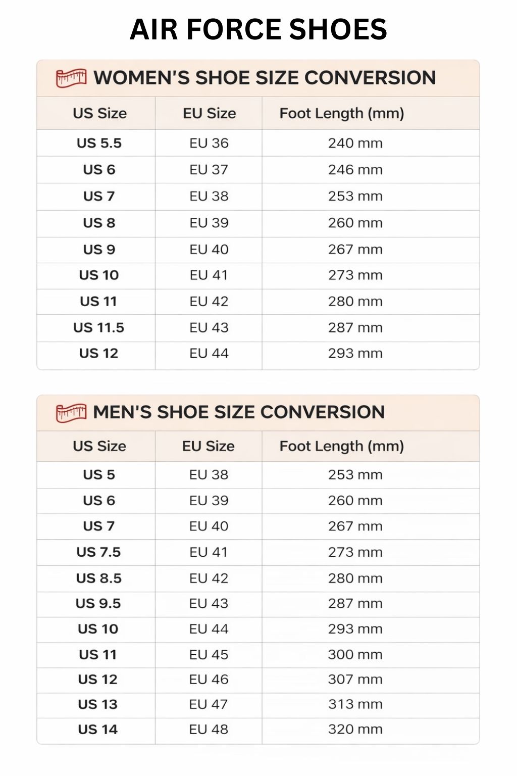 Air Force Shoes Size Chart - Jujutsu Kaisen Store