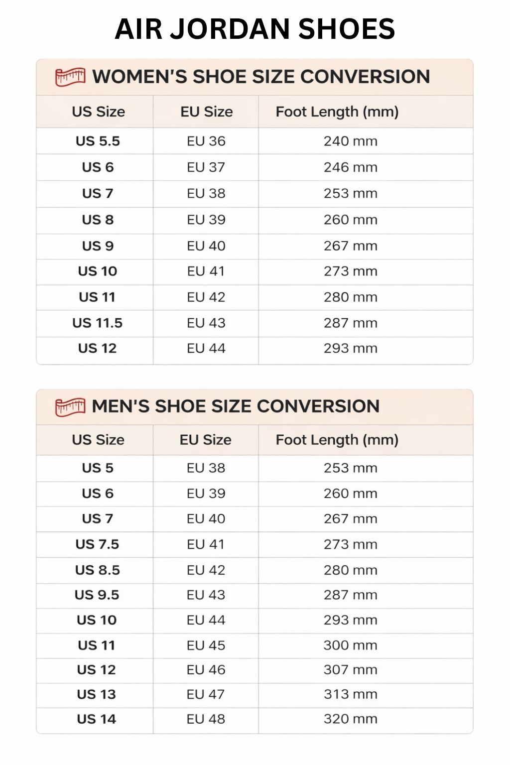 Air Jordan High Low Top Shoes Size Chart - Jujutsu Kaisen Store