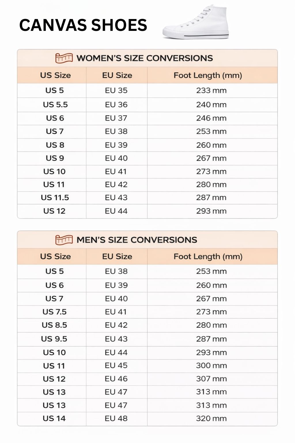 High Top Canvas Shoes Size Chart - Jujutsu Kaisen Store