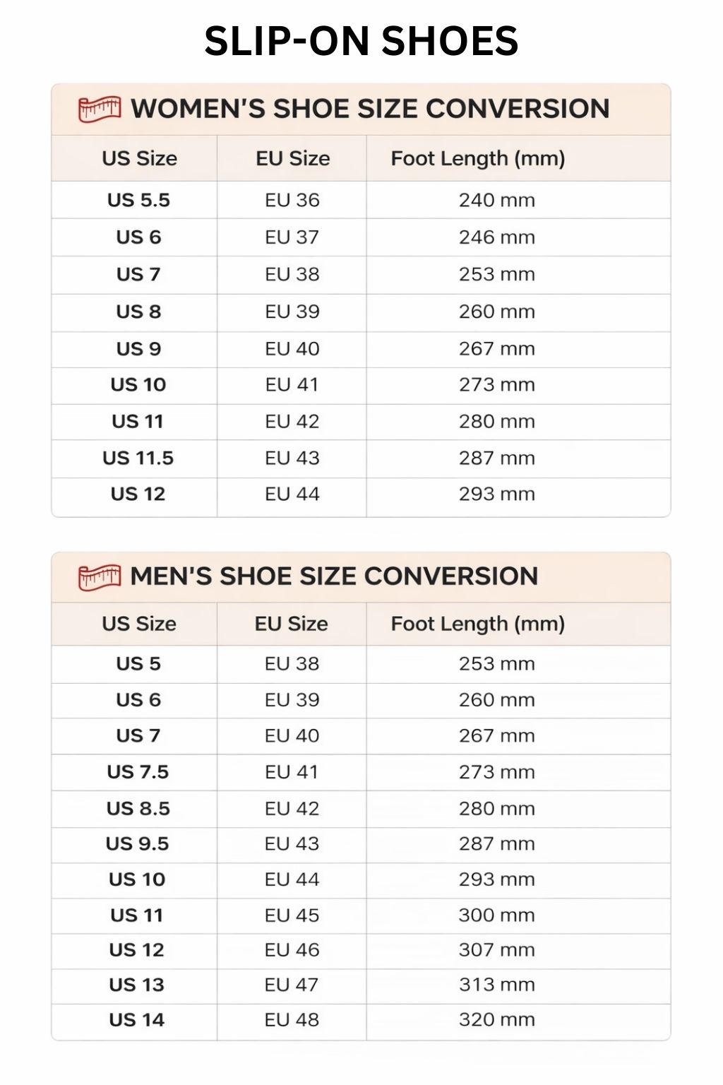 Slip On Shoes Size Chart - Jujutsu Kaisen Store